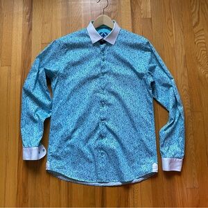 Turquoise Floral-Print Dress Shirt with White Contrast Collar